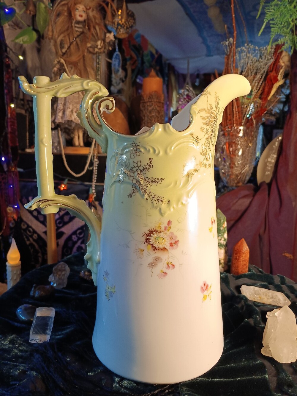 Antique Victorian Porcelain Floral Pitcher Ornate Gold Gilt Chocolate Ewer